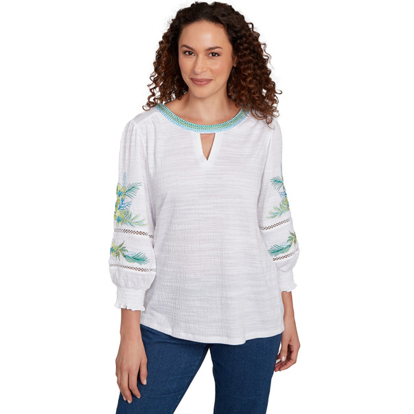 Petite Women's Solid Embroidered Textured Knit Top
