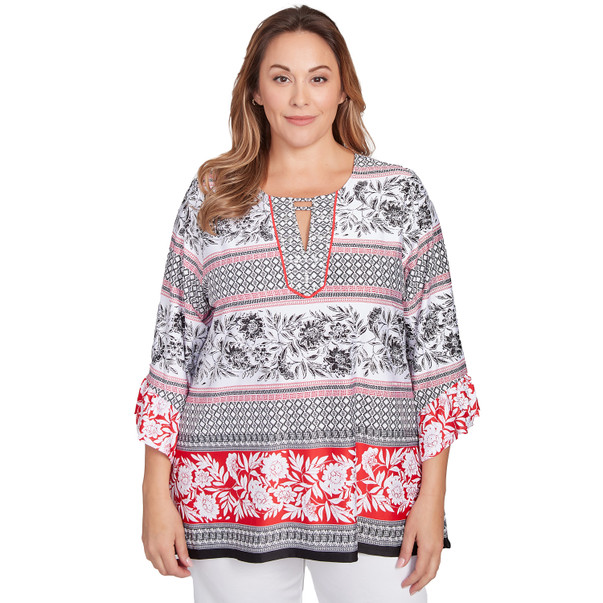 Plus Women's Tropical Motif Stripe Puff Print Knit Top