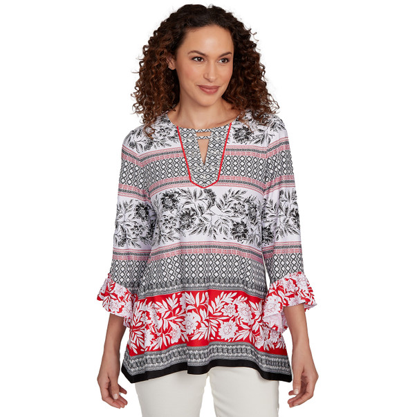 Petite Women's Tropical Motif Stripe Puff Print Knit Top