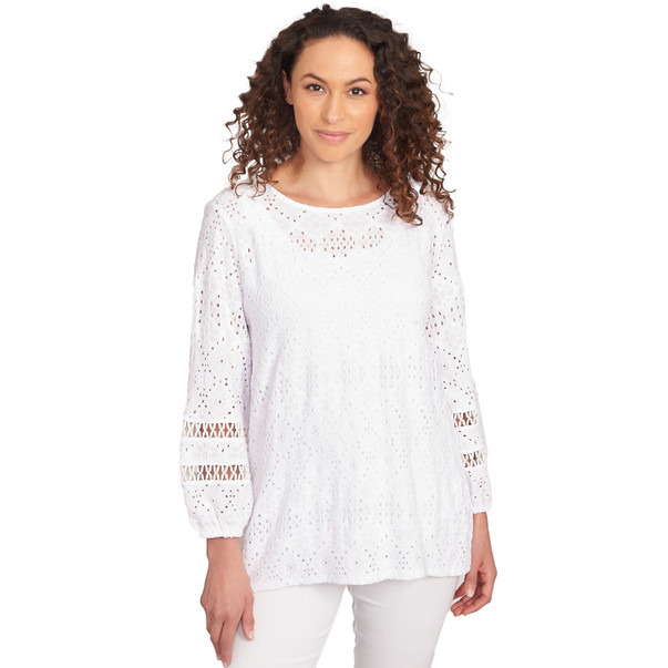 Petite Women's Diamond Eyelet Solid Lined Crinkle Knit Top