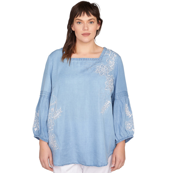 Plus Women's Floral Embroidered Tencel Top