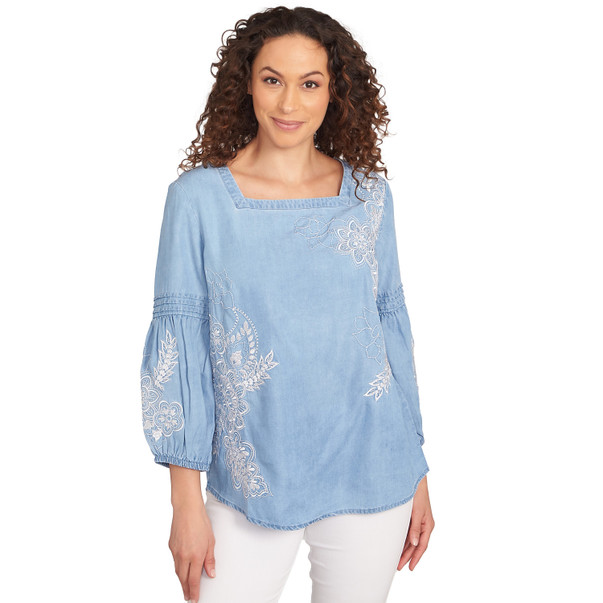 Petite Women's Floral Embroidered Tencel Top