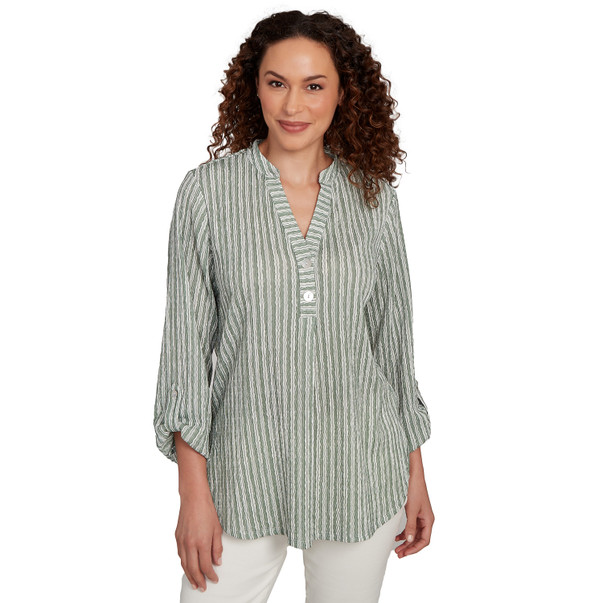 Women's Crinkle Knit Striped Henley Top