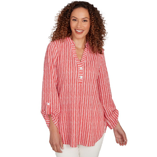 Petite Women's Crinkle Knit Striped Henley Top