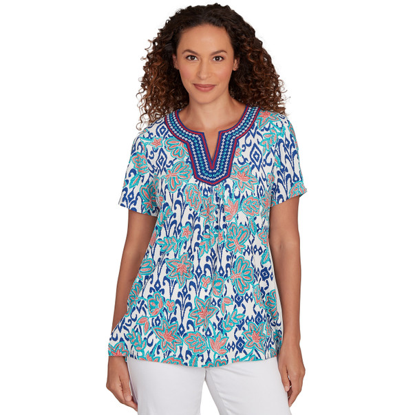 Women's Floral Overlay Ikat Embroidered Tee