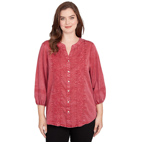 Petite Women's Artisan Embroidered Button Front Blouse