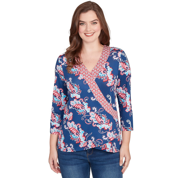 Women's Ikat Floral Puff Print Surplice Top