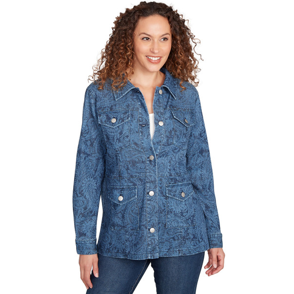 Petite Women's Paisley Stretch Denim Utility Jacket