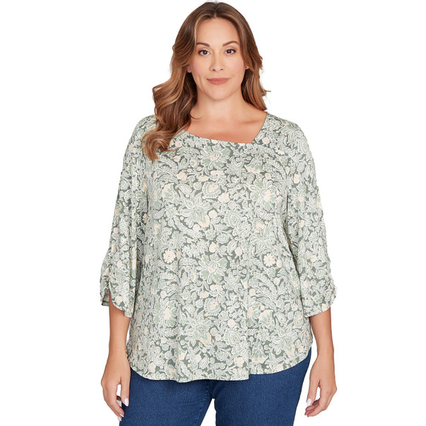 Plus Women's Floral Dew Drop Ruched Sleeves Top