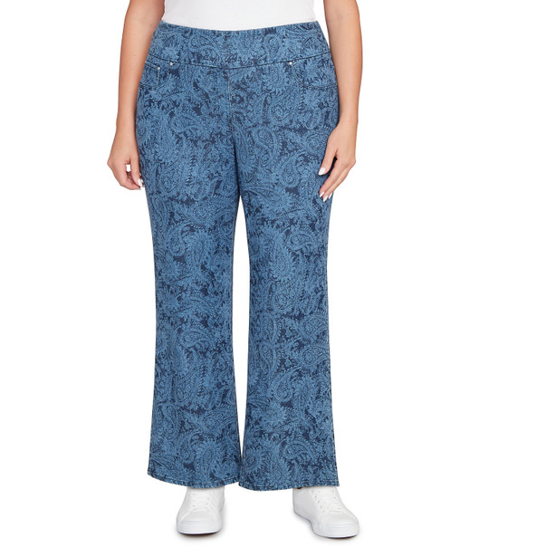 Plus Women's Paisley Stretch Denim Pull On Ankle Jeans