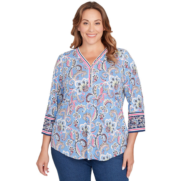 Plus Women's Stripe Trim Paisley Henley Top