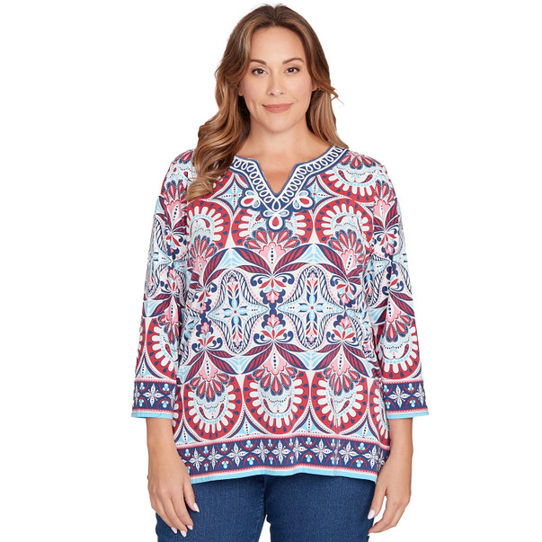 Plus Women's Embellished Geo Border Knit Top