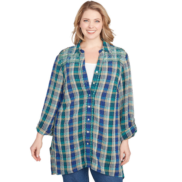Plus Women's Embroidered Plaid Button Down Blouse