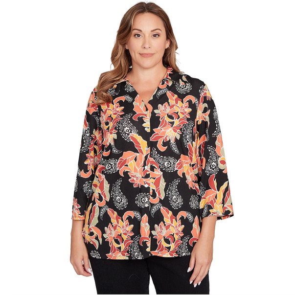 Plus Women's Shirt Collar Floral Paisley Button Front Top
