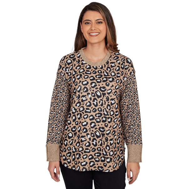 Petite Women's Sweater Trimmed Cozy Animal Print Top