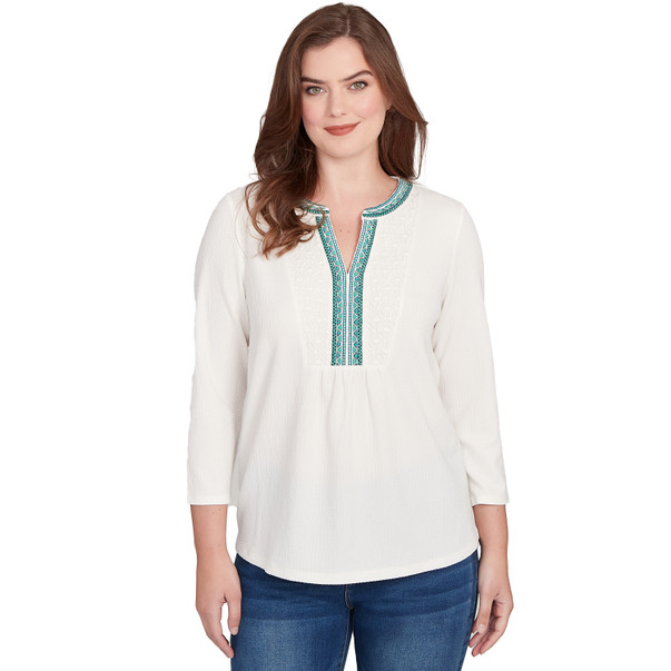 Women's Embellished Textured Split Neck Top