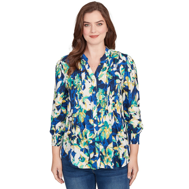 Petite Women's Floral Silky Voile Button Down Blouse