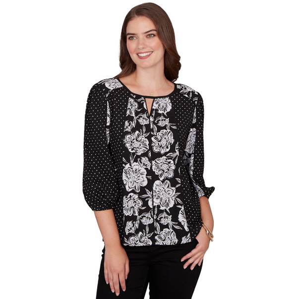 Women's Floral Panel Crinkle Knit Peasant Top