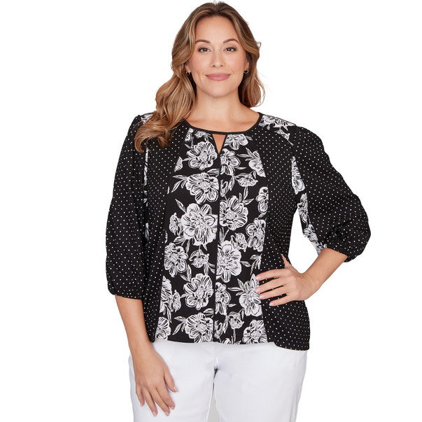 Plus Women's Floral Panel Crinkle Knit Peasant Top
