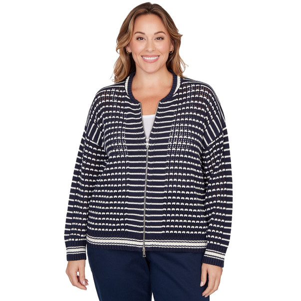 Plus Women's Mesh Stitch Zip Sweater Jacket
