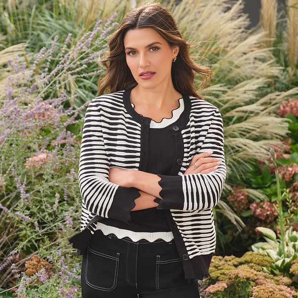 Petite Women's Scallop Trim Striped Button Cardigan