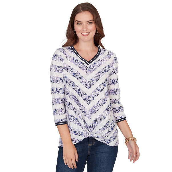 Women's Floral Stripe Twist Front Knit Top