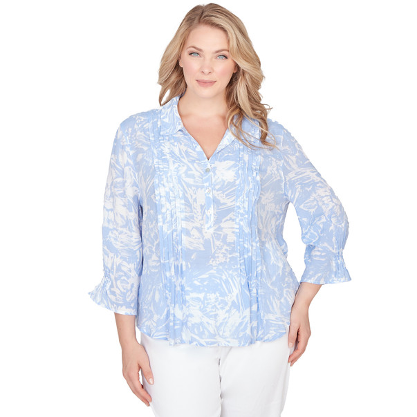 Plus Women's Brushstroke Floral Silky Gauze Popover Top