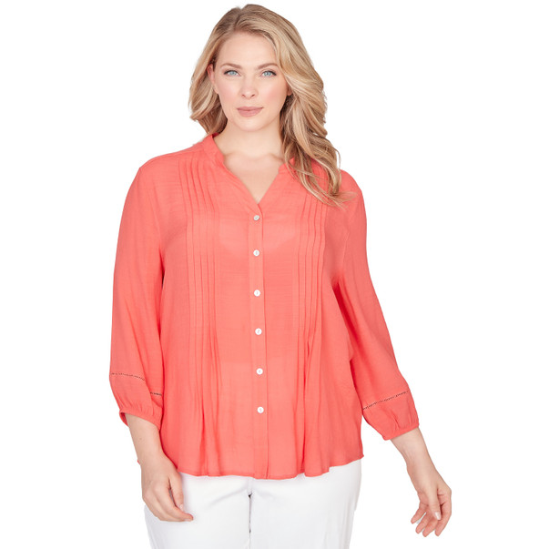 Plus Women's Solid Silky Slub Pleated Button Front Top