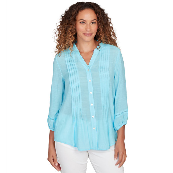 Petite Women's Solid Silky Slub Pleated Button Front Top