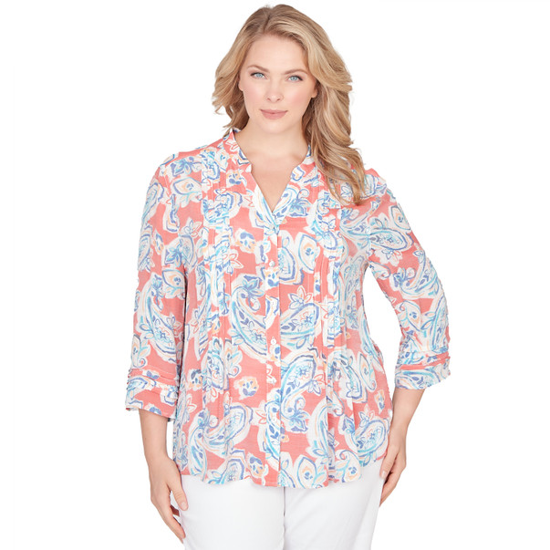 Plus Women's Paisley Silky Gauze Button Front Top