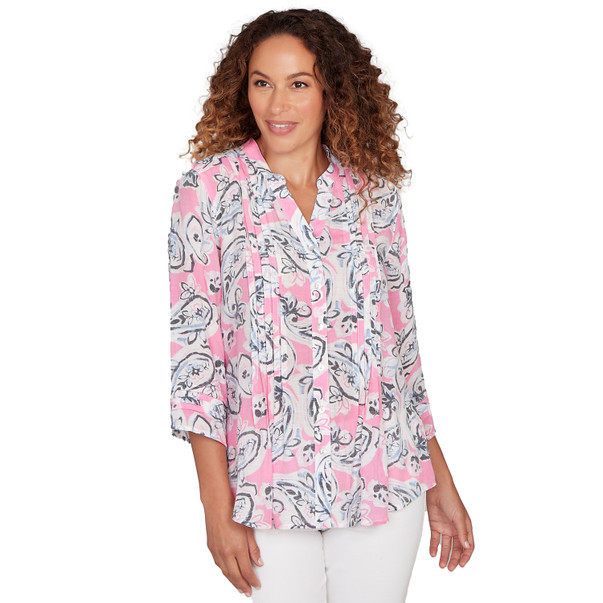 Petite Women's Paisley Silky Gauze Button Front Top