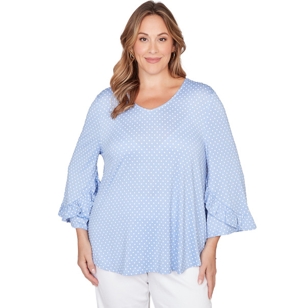 Plus Women's V-Neck Polka Dot Puff Print Knit Top