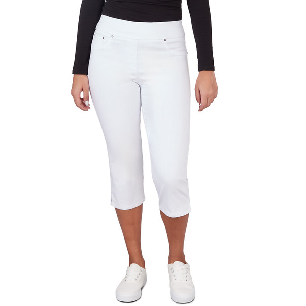 Petite Women's White Denim Extra Stretch Pull On Capri
