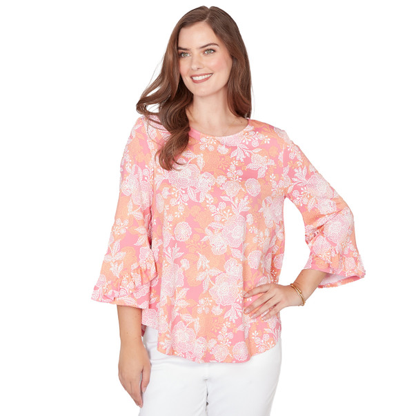 Women's Floral Puff Print Ruffle Knit Top