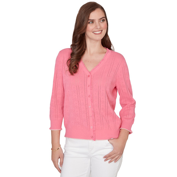 Women's Pointelle Lace Trim Button Front Cardigan