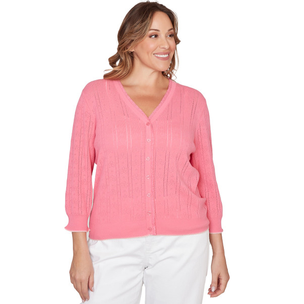 Plus Women's Pointelle Lace Trim Button Front Cardigan