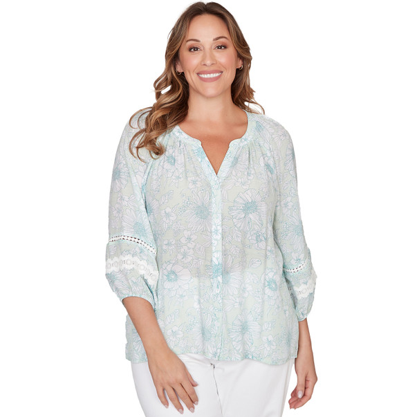Plus Women's Floral Silky Gauze Peasant Top