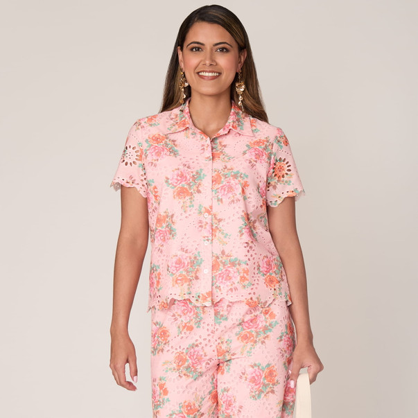 Petite Women's Floral Scalloped Hem Camp Shirt