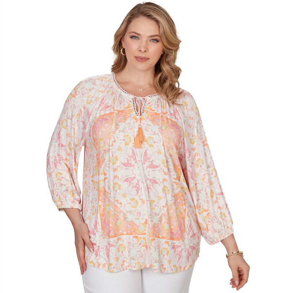 Plus Women's Tapestry Print Drawstring Peasant Top