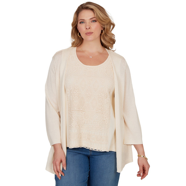 Plus Women's Crochet Back Open Front Sweater Cardigan