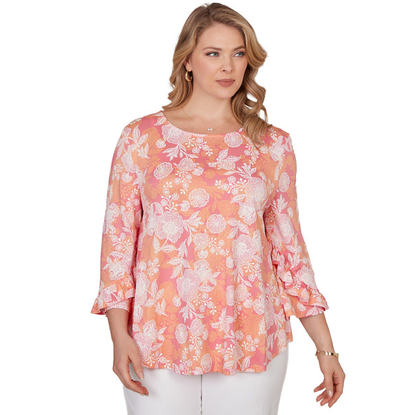 Plus Women's Floral Puff Print Ruffle Knit Top