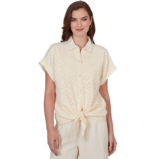 Petite Women's Eyelet Front Gauze Tie Front Tee