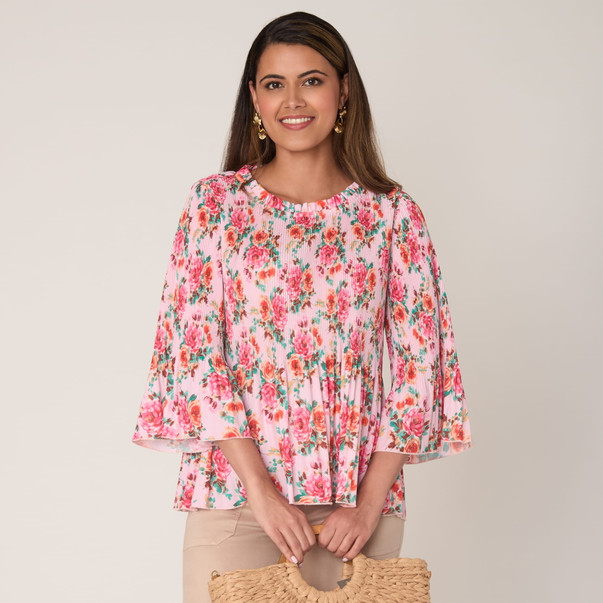 Plus Women's Pleated Floral Bell Sleeve Blouse