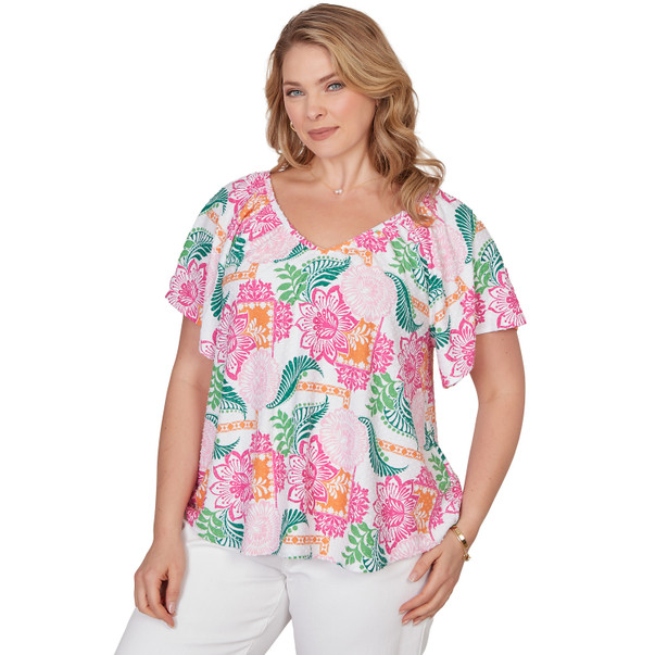 Plus Women's Tropical Floral Eyelet Flutter Sleeve Tee