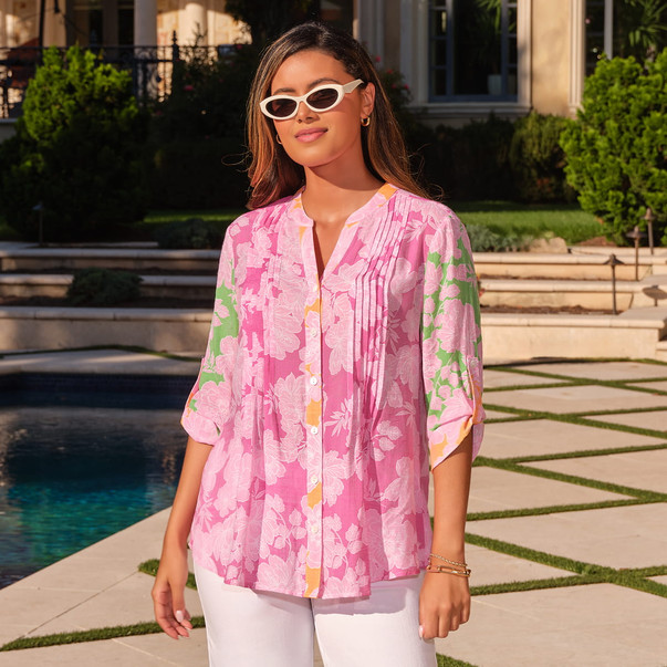 Plus Women's Color Block Floral Pintuck Gauze Blouse