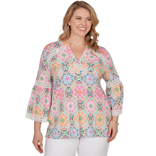 Plus Women's Medallion Print Lace Detail Knit Top
