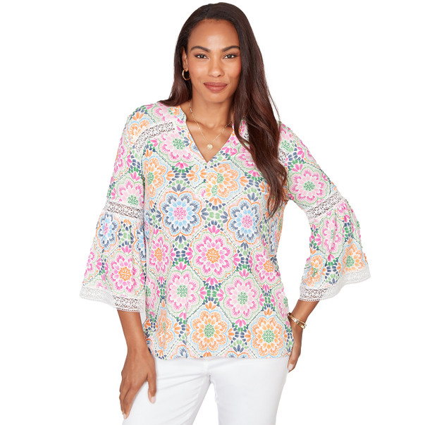 Petite Women's Medallion Print Lace Detail Knit Top