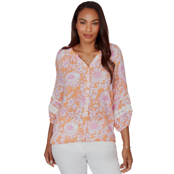 Women's Floral Silky Gauze Peasant Blouse