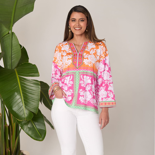 Plus Women's Embroidered Placket Patchwork Knit Top