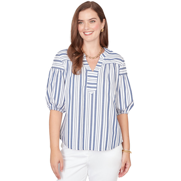 Petite Women's Striped Cotton Poplin Elastic Cuff Top